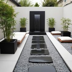 a modern garden with black and white accents