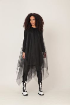 Black Sheer Dress, Black Tulle Dress, Plus Size Tulle Dress OVERSIZED MIDI DRESS IN ASYMMETRIC RICH TULLE NET LAYERS GARMENT FEATURES: * A truly stunning design with a WOW-effect when moving * Asymmetric rich tulle layers of soft net * Fully lined with soft cotton jersey * Ribbed classic crew neckline * Long jersey sleeves in a sweatshirt pattern, covered in tulle * Light weighted and comfy to wear * Part of our ADEPTT PREMIUM edit SIZING & FITTING: Model is 172cm tall and wears size S. This Black Party Dresses With Tulle Skirt, Black Mesh Dress With Tulle Skirt For Spring, Black Tulle Skirt Dress For Night Out, Spring Black Mesh Dress With Tulle Skirt, Black Tulle Dress For Night Out, Halloween Evening Tulle Dress, Black Tulle Mini Dress For Spring, Spring Black Tulle Mini Dress, Black Tulle Dress For Costume Party