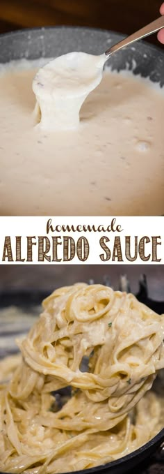 homemade alfredo sauce in a skillet being stirred with a spoon and served over noodles