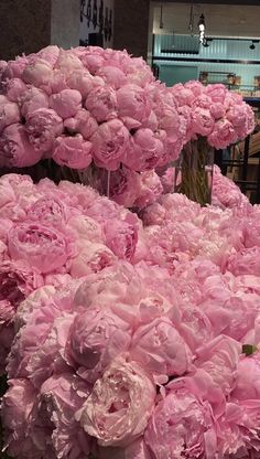 many pink flowers are in vases on display