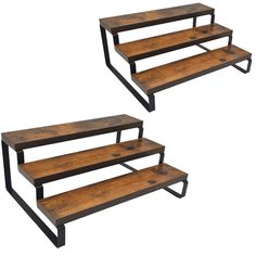 two wooden shelves sitting next to each other