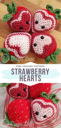 crocheted strawberries are arranged on top of each other, with the words strawberry hearts