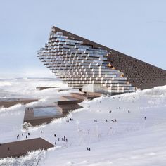 an architectural rendering of a futuristic building in the middle of snow covered ground with people walking around it