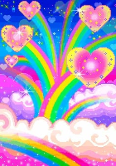 an image of hearts flying in the sky with rainbows and stars on it's sides