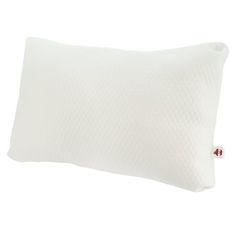 the pillow is made from white fabric and has a red button on it's side