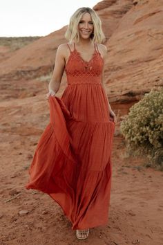 Summerlin Lace Top Maxi Dress | Rust Moh Dress, Boho Sundress, Bridesmaid Dresses Boho, Baltic Born, Tiered Maxi Skirt, Flowy Maxi Dress, Rust Dress, Maxi Styles, Boho Lace