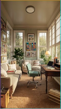 a living room filled with lots of furniture next to large window covered in pictures on the wall