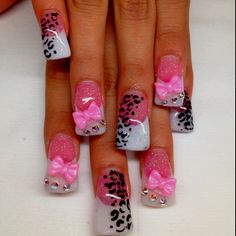 #bows #cheetah #pink #white #nails #rhinestones Flare Nails, Pink White Nails, Duck Nails, Nails Design With Rhinestones, Really Cute Nails, Pink Bows, Short Nail Designs, Hot Nails