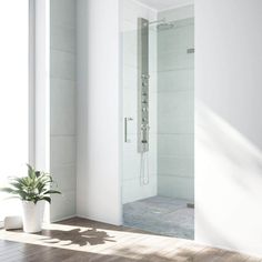 an empty room with a plant in the corner and a shower head on the wall