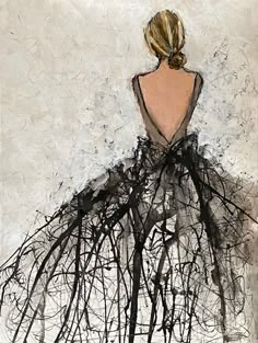 the back of a woman's dress is drawn in black and white with brush strokes