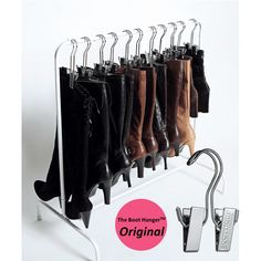 the boot hanger is holding several pairs of women's boots and has an adjustable hook for each pair