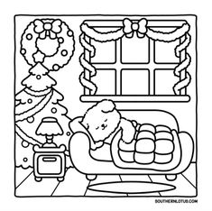 a christmas coloring page with a teddy bear sitting on a couch in front of a window