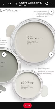 three white paint colors with different names and labels on the bottom one is light gray