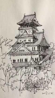 a drawing of a building with trees in the background