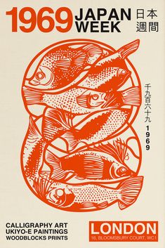 an orange and white poster with fish on it