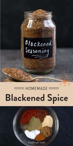 homemade blackened spice in a glass jar with spoons on the side and labeled seasoned seasoning