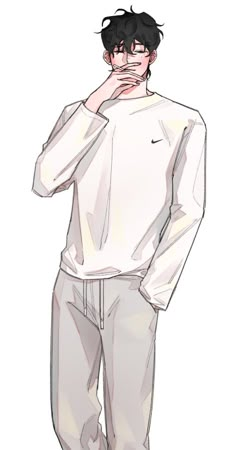 a drawing of a man in white shirt and pants with his hand on his face