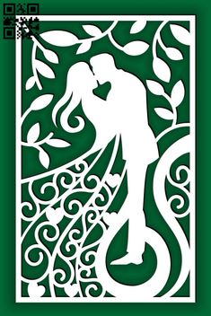 a paper cut silhouette of a bride and groom kissing in front of a green background