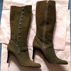 Vintage Suede Boots. 3 1/2 Inch Heels. New, Never Worn. Khaki/Olive Green. Size 10. Buttons Up Side. Zippers Work Well. Exterior Of Boots Are In Great Condition. Supple Plush Suede. There Is Some Peeling Inside And A Small Split Of The Lining In One Boot. See Photos. Coup D'etat Brand. Made In Brazil. Original Box. Great Style And Details. Offers Welcome Discount For Bundle Smoke -Free Home Fitted Boots With Suede Lining For Spring, Fitted Spring Boots With Suede Lining, Green Fitted Boots For Formal Occasions, Formal Green Fitted Boots, Formal Fitted Green Boots, Vintage Ankle-high Fitted Heels, Fitted Heeled Boots With Suede Lining And Round Toe, Fitted Round Toe Heeled Boots With Suede Lining, Fitted Suede Heeled Boots With Closed Toe