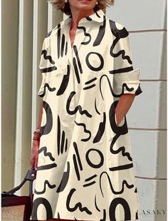 Lasaky - Monochrome Gradient Digital Print Color Block Long Sleeve Shirt Dress Collar Dresses, Shirt Dress Summer, Straight Clothes, Printed Casual Dresses, Dress Sleeve Length, Printed Gowns, Collared Shirt Dress, Dress Sleeve Styles, Shirt Dress Casual