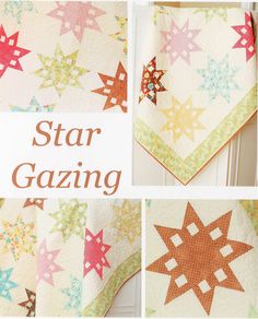 the star gazing quilt pattern is shown in four different colors and sizes, including red, orange