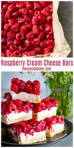 raspberry cream cheese bars are stacked on top of each other and ready to be eaten