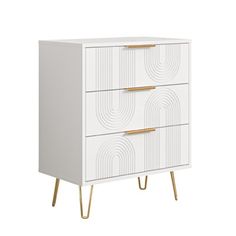 a white cabinet with two gold handles and three drawers on the bottom, in front of a white background