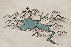 a drawing of mountains with a lake in the middle and water running through them,