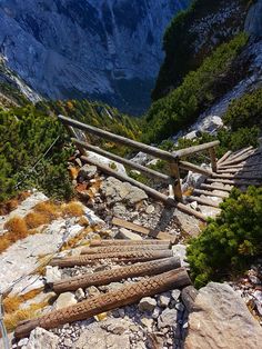 there are many wooden stairs going up this mountain side trail with mountains in the background