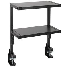 a black shelf with two wheels attached to it