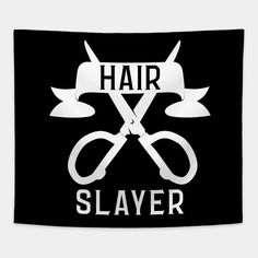 a pair of scissors with the words hair and slayer printed on it's side