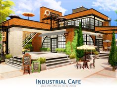 an industrial cafe is depicted in this digital painting