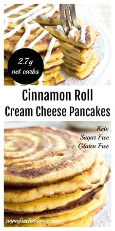 cinnamon roll cream cheese pancakes on a white plate