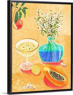 Canvas Art Print, Black Floating Frame entitled Summer Day Vibes.  Multiple sizes available.  Primary colors within this image include Peach, Orange, Blue, Pale Blue.  Made in USA.  All products come with a 365 day workmanship guarantee.  Inks used are latex-based and designed to last.  Museum-quality, artist-grade canvas mounted on sturdy wooden stretcher bars 1.5 thick.  Comes ready to hang.  Canvas is designed to prevent fading. Gold Poster, Floral Bowls, Trendy Wall Art, Summer Day, Chrysanthemum, Featured Artist, Texture Art, Mini Art, Life Art