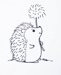 an ink drawing of a hedgehog with a dandelion in its's mouth