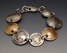 Coins Bracelet Sampler made from 7 Vintage American Coins Coin Jewelry Diy, Penny Jewelry, Cut Coin Jewelry, Woodstock Ny, American Coins, Silverware Jewelry, Coin Bracelet, Buffalo Nickel, Spoon Jewelry