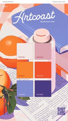 an advertisement for artcoast with oranges and books