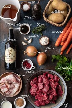 the ingredients to make this recipe include meat, potatoes and carrots