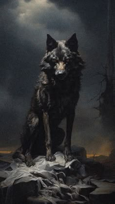 a painting of a wolf sitting on top of a pile of paper under a cloudy sky