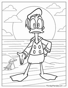 the ducky is standing on the beach coloring page for kids to color and print