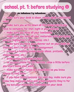 a pink poster with the words school, pt 1 before studying and an image of a laptop