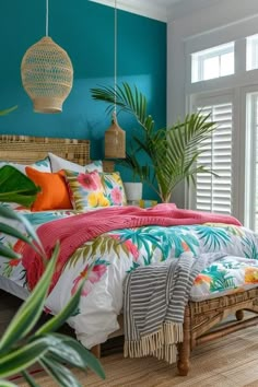 a tropical bedroom with blue walls and palm leaves on the bed, wicker furniture