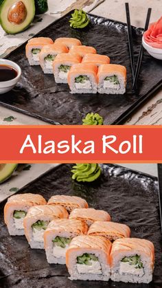 two black trays with sushi on them and the words alaska roll above it