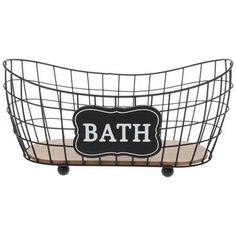 a metal bath basket with the word bath on it's front and back sides