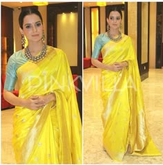 Kangana Ranaut in a yellow sari with teal blouse. Yellow Sari, Saree Yellow, Indian Sari Dress, Kangana Ranaut, Raw Mango, Teal Blouse, Sari Blouse Designs, Indian Saree Blouse, Indian Saree Blouses Designs