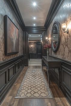 a long hallway with wood paneling and wallpaper on the walls is lit by recessed lights