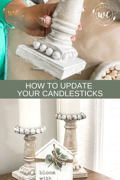 two candles are sitting on a table with the words how to update your candlesticks