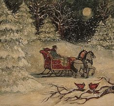 a painting of a horse drawn sleigh in the snow with birds around it