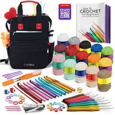 crochet tools and supplies are laid out on a white background with the bag