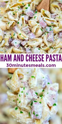 ham and cheese pasta in a bowl with a wooden spoon